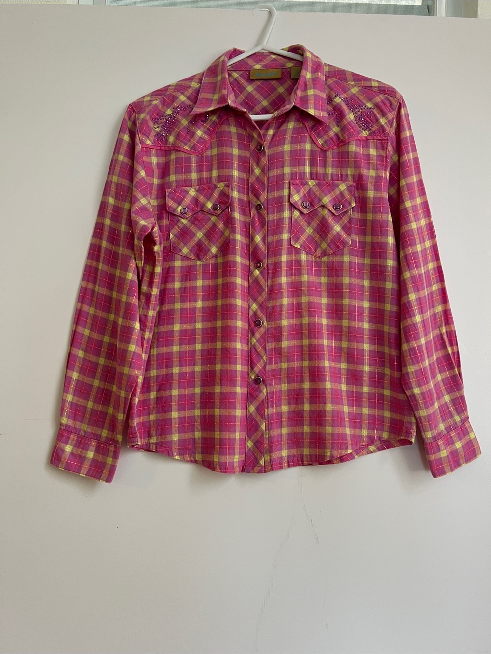 Wrangler Girls Pink, Yellow Plaid Cowgirl Western Shirt Rhinestone
Horses XL/12 - Picture 6 of 15